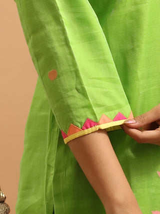 Lime Green Bengal Muslin Jamdani Kurta Set with Statement Floral Weave