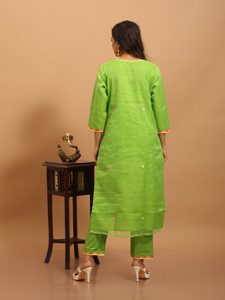 Lime Green Bengal Muslin Jamdani Kurta Set with Statement Floral Weave