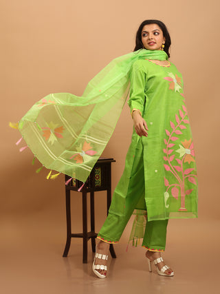 Lime Green Bengal Muslin Jamdani Kurta Set with Statement Floral Weave