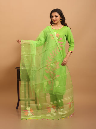 Lime Green Bengal Muslin Jamdani Kurta Set with Statement Floral Weave
