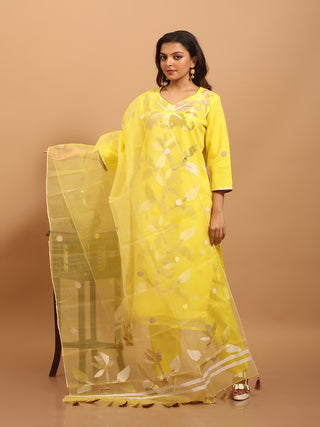 Lemon Yellow Bengal Muslin Jamdani Kurta Set with Metallic Weaves