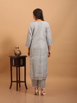Dove Grey Bengal Muslin Jamdani Kurta Set with Pastel Florals