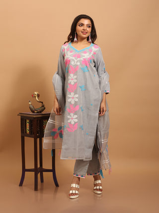 Dove Grey Bengal Muslin Jamdani Kurta Set with Pastel Florals