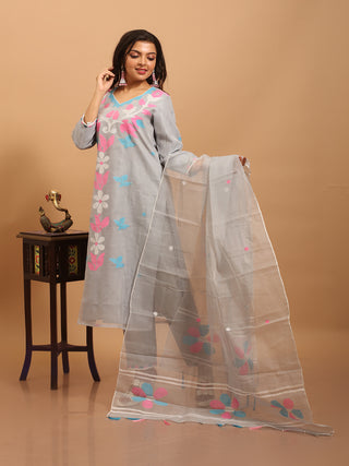 Dove Grey Bengal Muslin Jamdani Kurta Set with Pastel Florals