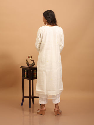 Ivory Bengal Muslin Jamdani Kurta Set with Lemon Yellow Accents