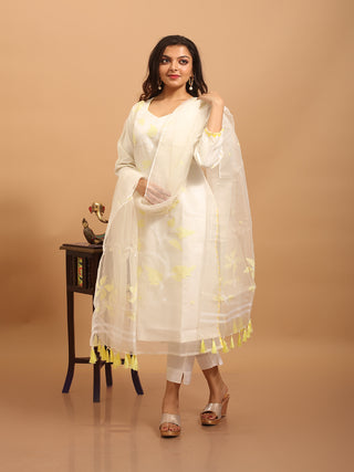 Ivory Bengal Muslin Jamdani Kurta Set with Lemon Yellow Accents