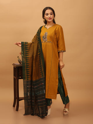 Mustard Yellow Cotton Kurta Set with Hand Applique Kalamkari, Ikkat Pants & Sambalpuri Dupatta