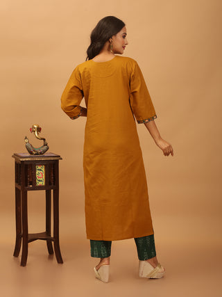 Mustard Yellow Cotton Kurta Set with Hand Applique Kalamkari, Ikkat Pants & Sambalpuri Dupatta