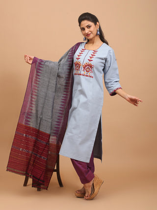 Powder Blue Hand Aari Embroidered Cotton Kurta Set with Sambalpuri Handloom Dupatta