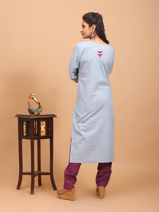 Powder Blue Hand Aari Embroidered Cotton Kurta Set with Sambalpuri Handloom Dupatta