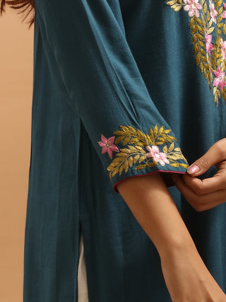 Teal Designer Rayon Kurta Set with Hand Aari Embroidery & Hand-Painted Chiffon Dupatta