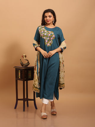 Teal Designer Rayon Kurta Set with Hand Aari Embroidery & Hand-Painted Chiffon Dupatta