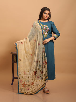 Teal Designer Rayon Kurta Set with Hand Aari Embroidery & Hand-Painted Chiffon Dupatta