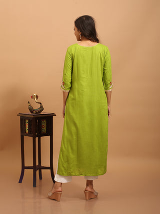 Lime Green Designer Rayon Kurta Set with Hand Aari Embroidery & Hand-Painted Chiffon Dupatta