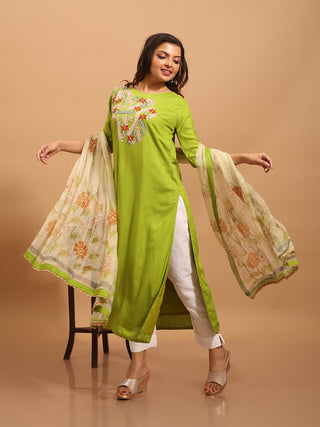 Lime Green Designer Rayon Kurta Set with Hand Aari Embroidery & Hand-Painted Chiffon Dupatta