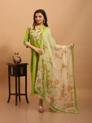 Lime Green Designer Rayon Kurta Set with Hand Aari Embroidery & Hand-Painted Chiffon Dupatta