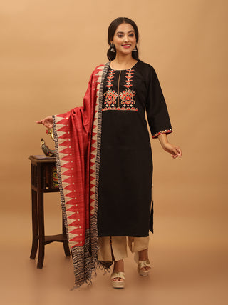 Black Designer Cotton Silk Kurta Set with Aari Embroidery & Bhagalpuri Tussar Dupatta