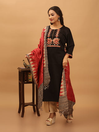 Black Designer Cotton Silk Kurta Set with Aari Embroidery & Bhagalpuri Tussar Dupatta
