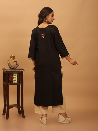Black Designer Cotton Silk Kurta Set with Aari Embroidery & Bhagalpuri Tussar Dupatta