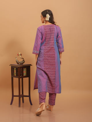 Designer Purple Ikkat & Polycotton Kurta Set with Hand Aari Work and Manipuri Dupatta