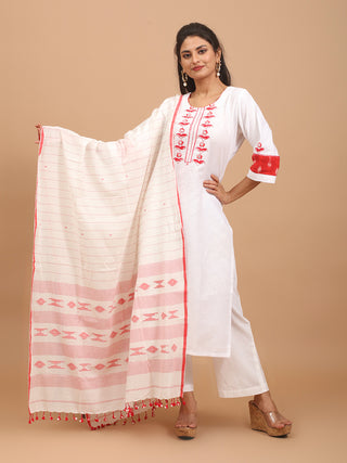 White Hand Aari Embroidered Cotton Kurta Set with Bengal Handloom Dupatta