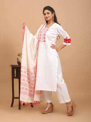 White Hand Aari Embroidered Cotton Kurta Set with Bengal Handloom Dupatta