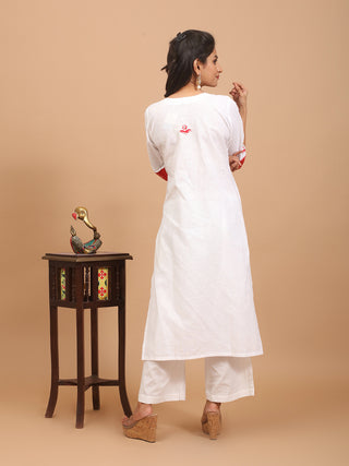 White Hand Aari Embroidered Cotton Kurta Set with Bengal Handloom Dupatta