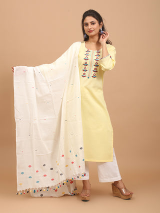Butter Yellow Hand Aari Embroidered Andhra Cotton Kurta Set with Bengal Handloom Dupatta