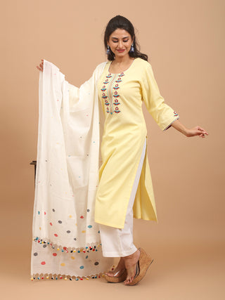 Butter Yellow Hand Aari Embroidered Andhra Cotton Kurta Set with Bengal Handloom Dupatta