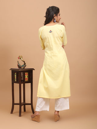Butter Yellow Hand Aari Embroidered Andhra Cotton Kurta Set with Bengal Handloom Dupatta