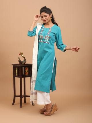 Teal Hand Aari Embroidered Andhra Cotton Kurta Set with Bengal Handloom Dupatta