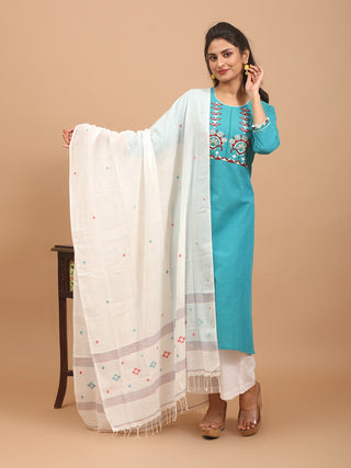 Teal Hand Aari Embroidered Andhra Cotton Kurta Set with Bengal Handloom Dupatta