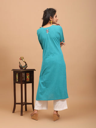Teal Hand Aari Embroidered Andhra Cotton Kurta Set with Bengal Handloom Dupatta