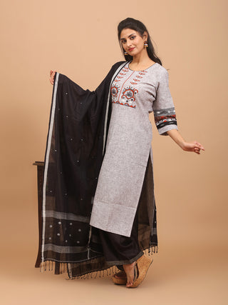 Steel Grey Linen-Look Cotton Kurta Set with Aari Embroidery and Bengal Handloom Dupatta
