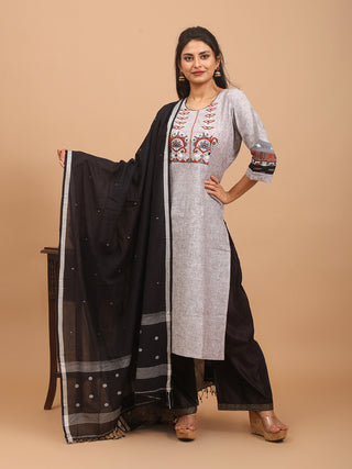 Steel Grey Linen-Look Cotton Kurta Set with Aari Embroidery and Bengal Handloom Dupatta