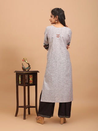 Steel Grey Linen-Look Cotton Kurta Set with Aari Embroidery and Bengal Handloom Dupatta