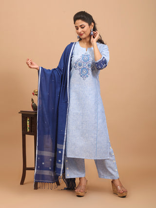 Powder Blue Hand Aari Embroidered Linen-Look Cotton Kurta Set with Bengal Handloom Dupatta