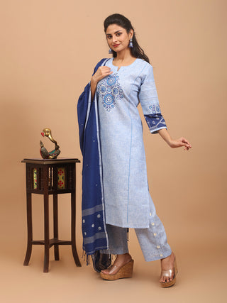 Powder Blue Hand Aari Embroidered Linen-Look Cotton Kurta Set with Bengal Handloom Dupatta