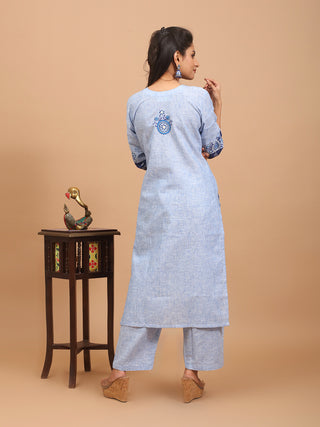 Powder Blue Hand Aari Embroidered Linen-Look Cotton Kurta Set with Bengal Handloom Dupatta