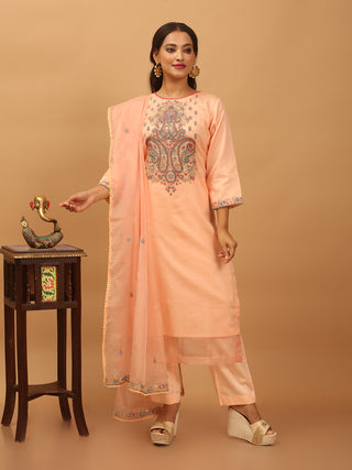 Peach Embroidered Organza Kurta Set with Organza Dupatta
