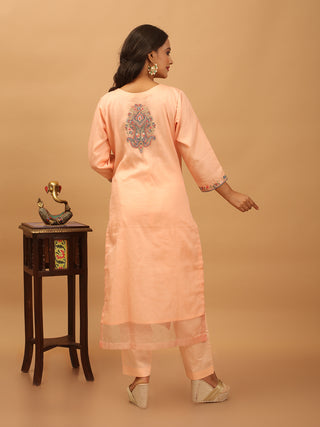 Peach Embroidered Organza Kurta Set with Organza Dupatta