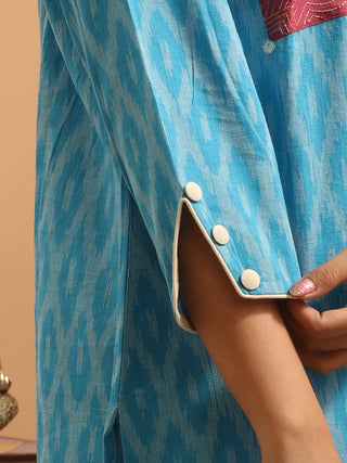 Sky Blue Handloom Ikkat Cotton Kurta Set with Kantha Patches & Mirror Accents