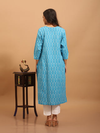 Sky Blue Handloom Ikkat Cotton Kurta Set with Kantha Patches & Mirror Accents