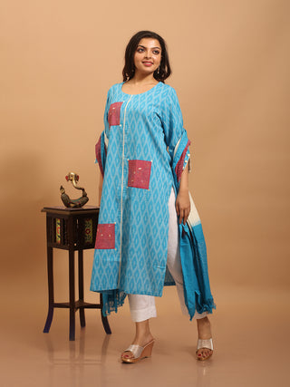 Sky Blue Handloom Ikkat Cotton Kurta Set with Kantha Patches & Mirror Accents