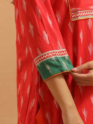 Red Handloom Ikkat Cotton Kurta Set with Contrast Green Yoke And Hand Kantha Borders