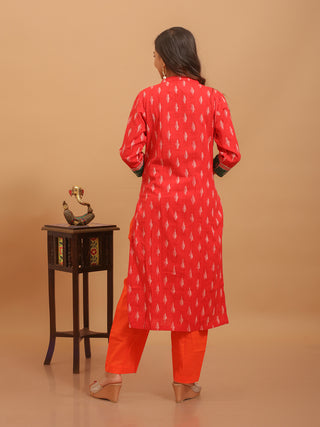Red Handloom Ikkat Cotton Kurta Set with Contrast Green Yoke And Hand Kantha Borders