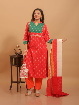 Red Handloom Ikkat Cotton Kurta Set with Contrast Green Yoke And Hand Kantha Borders