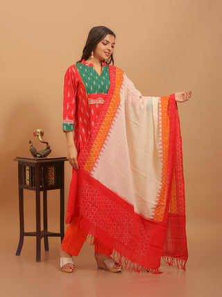 Red Handloom Ikkat Cotton Kurta Set with Contrast Green Yoke And Hand Kantha Borders