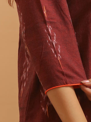 Maroon Handloom Ikkat Cotton Kurta Set with Appliqué and Gujarati Work Yoke