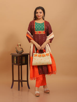 Maroon Handloom Ikkat Cotton Kurta Set with Appliqué and Gujarati Work Yoke